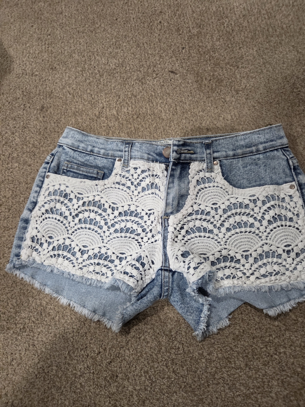 White Lace-Front Light Blue Denim Cutoff Shorts
